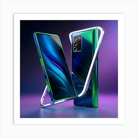 A Highly Detailed, Futuristic 3d Rendered Depiction Of A Sleek Mobile Phone, Showcasing A Vibrant, Electric Blue And Neon Green Color Scheme With Metallic Accents, Set Against A Dark, Gradient Purple Background    Art Print