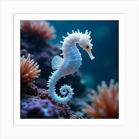 An Ethereal Sea Horse With An Ornate, Glowing Tail Drifting Through A Vibrant Coral Reef Art Print