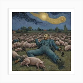 Twilight’s Madness: A Man, Pigs, and Bottles Pigs In The Field Art Print