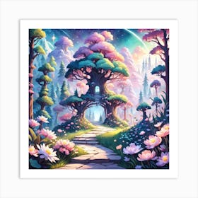 A Fantasy Forest With Twinkling Stars In Pastel Tone Square Composition 438 Art Print