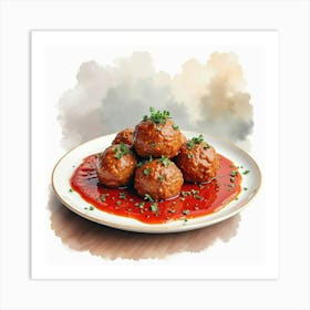 Watercolor Painting Of A Classic And Flavorful Beef Meatballs On A Chic Restaurant Table Art Print