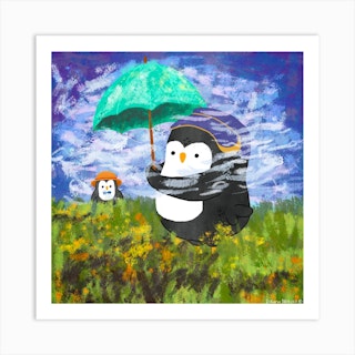 Penguin With Parasol Monet Art Series Art Print