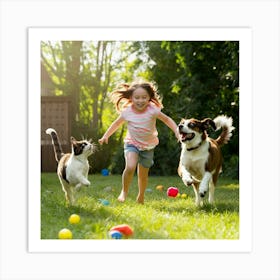 Young Girl Playing With Dogs Art Print