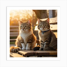 Two Cats Sitting On A Bench Art Print