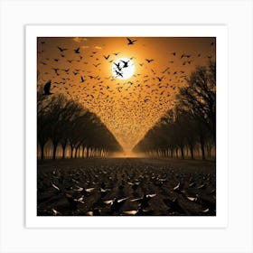 Unison of Birds in Flight at Dusk, Their Shadows Silhouetted Against the Fiery Sky Art Print