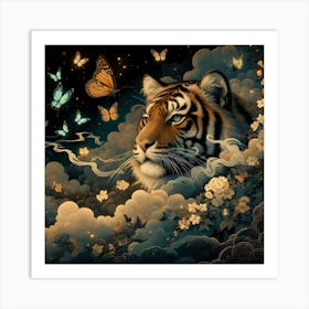 Tiger In The Clouds With Butterfly Art Print