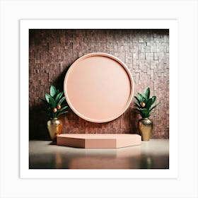 Pink Round Frame With Plants Art Print