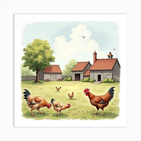 An English Farmyard With Chickens And Rustic Barns, Watercolor Scene 1 Art Print