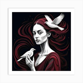 Girl With Birds 2 Art Print