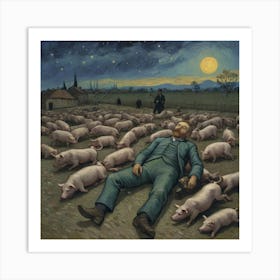 Fields of Chaos: Pigs, Whiskey, and Purple Skies Pigs In The Night Art Print