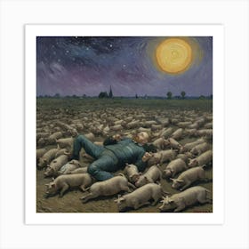 A Man, His Whiskey, and Pigs on Parade Pigs In The Night Art Print