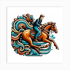 A Guy Riding A Beautiful Horse Fast Around A Curve Folk Art Stlye 3 Art Print