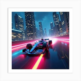 Formula Car Drifting On A Tight Neon Lit Track Under Towering City Buildings 1 Art Print