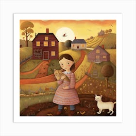 Girl And Her Cat Art Print