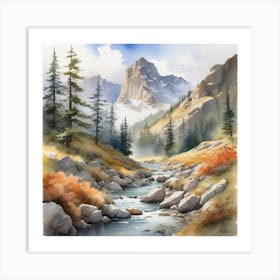 Watercolor Of A Mountain Stream 1 Art Print