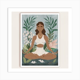 An art print featuring a captivating portrait of a yoga practitioner in a serene and meditative pose, surrounded by elements of nature. This tranquil and spiritually inspired art print is ideal for yoga enthusiasts and those seeking a sense of mindfulness and balance in their home decor. Art Print