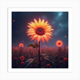 A Radiant Sunflower With Petals Like Flowing, Neon Light In A Surreal, Cosmic Field 1 Art Print