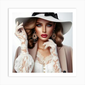 Beautiful Woman In White Hat Art Print