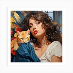 Portrait Of A Woman With A Cat Art Print