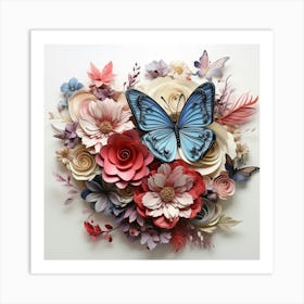 Paper Flowers With Blue Butterfly Art Print