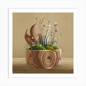 Wood Bowl With Plants Art Print