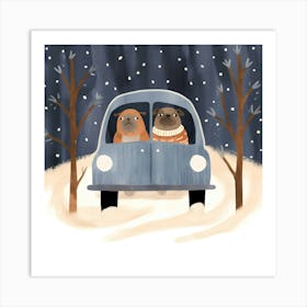 Winter Dogs In A Car Art Print