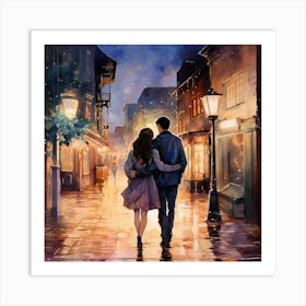 Couple Walking In The Rain Art Print