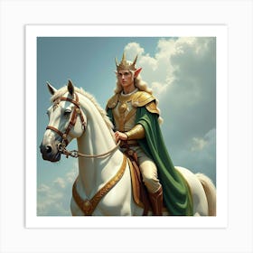 Elven Prince With A Golden Crown, Riding A Majestic White Steed 1 Art Print