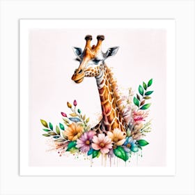 Giraffe With Flowers Art Print