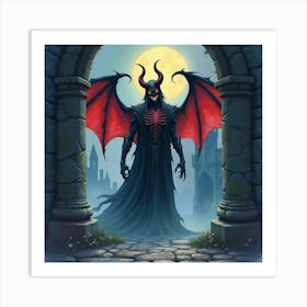 Demon In Haunted Castle, Watercolor, Dark And Colorful 1 Art Print