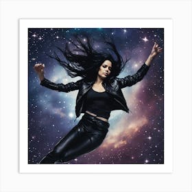 The Image Depicts A Woman Suspended In Midair Against A Backdrop Of Stars And Galaxies Art Print