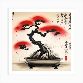 Bonsai Tree Crimson Japanese Monochromatic Watercolor Art Print