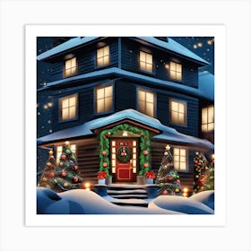 Christmas House At Night Art Print