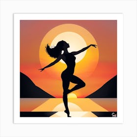 Silhouette Of A Woman At Sunset Art Print