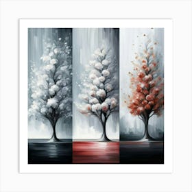 Three different paintings each containing cherry trees in winter, spring and fall 3 Art Print