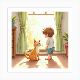 Watercolor Depiction Of A Child And A Burmese Cat In A Sunny Room Art Print