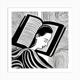 My sleeping pill is reading a book, Just a girl who loves to read, Lion cut inspired Black and white Stylized portrait of a Woman reading a book, reading art, book worm 218 Art Print