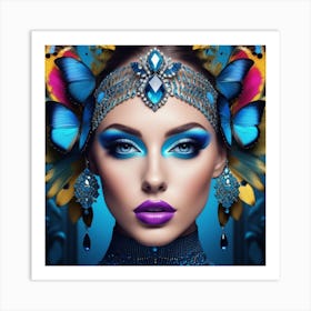 Beautiful Woman With Blue Makeup And Butterfly Wings Art Print
