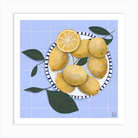 Lemons On Blue Tablecloth Square Art Print