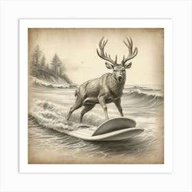 Deer On Surfboard 1 Art Print