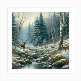 Deer And Birches In The Snow, Acrylic Painting Style Art Print