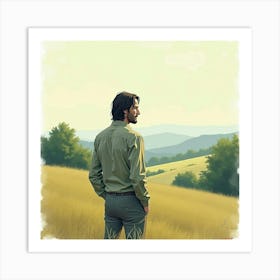 Keanu Reeves In A Soft Watercolor Scene With Rolling Hills And Trees Art Print