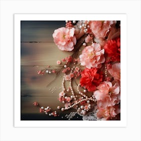 Pink Flowers On Wooden Background Art Print