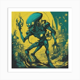 Alien Painted To Mimic Humans, In The Style Of Art Elements, Folk Art Inspired Illustrations, Cart Art Print