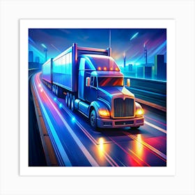 Semi Truck Driving On A Highway At Night 1 Art Print