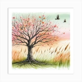 Watercolor Tree With Birds Art Print