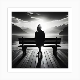 Photo Of A Black And White Picture Of A Person Facing The Sunset From A Bench 1 Art Print