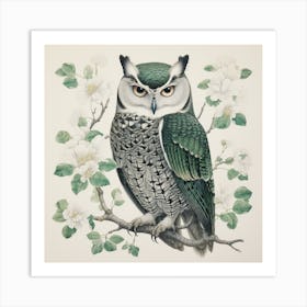 Ohara Koson Inspired Bird Painting Eastern Screech Owl 1 Square Art Print