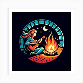 Girl Playing Guitar By The Campfire Art Print