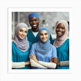 A group of four diverse healthcare professionals, including two black women, one Arab woman, and one black man, all wearing blue surgical scrubs and hijabs, standing together in a hospital setting. The black man is wearing a blue surgical cap, and the three women are wearing white surgical caps. They are all smiling and looking at the camera. Art Print